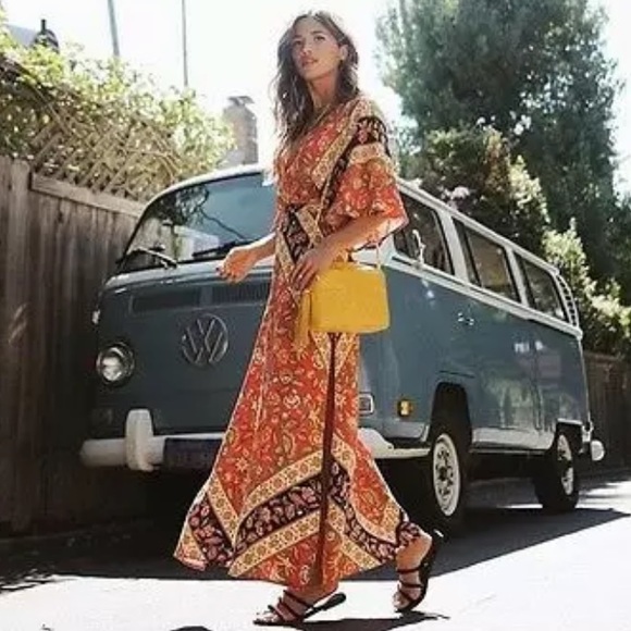 SOLD OUT Red Bohemian Floral Open Back Kimono Maxi Dress - Picture 3 of 5